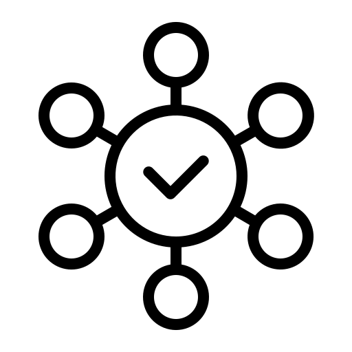 Schwarz weißes Icon mit einem Kreis in der Mitte, in dem sich ein Haken befindet. Außen herum um den Kreis sind noch 6 kleinere Kreise angeordnet