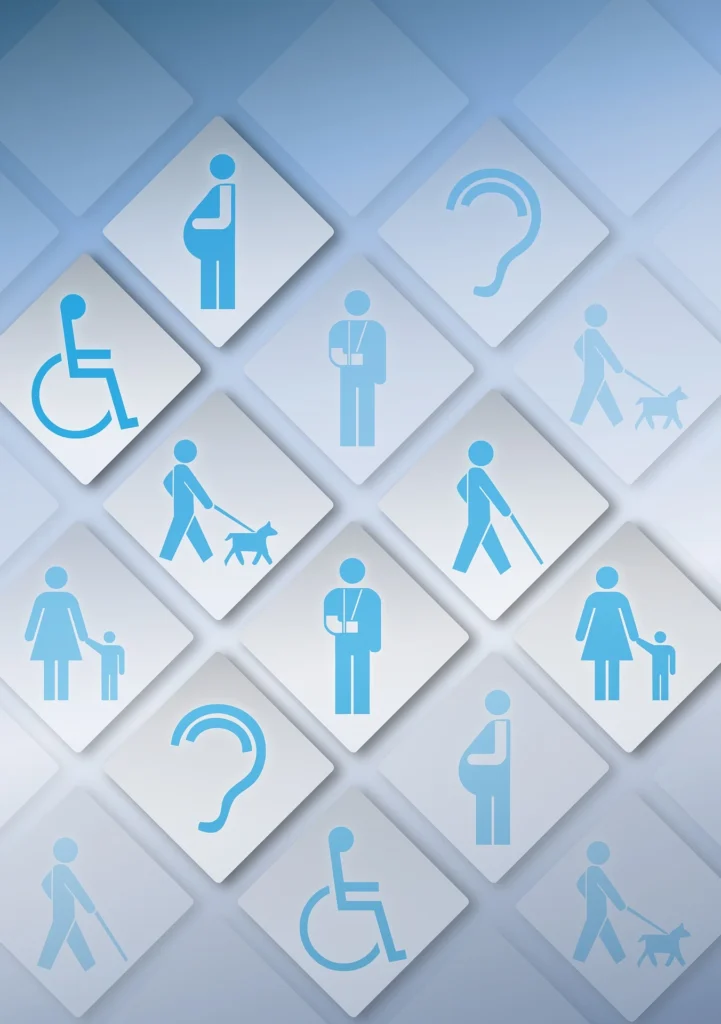 Blaugrauer Hintergrund mit mehreren Bildern im Vordergrund auf denen unterschiedliche Icons zum Thema Behinderung und Einschränkung zu sehen sind.