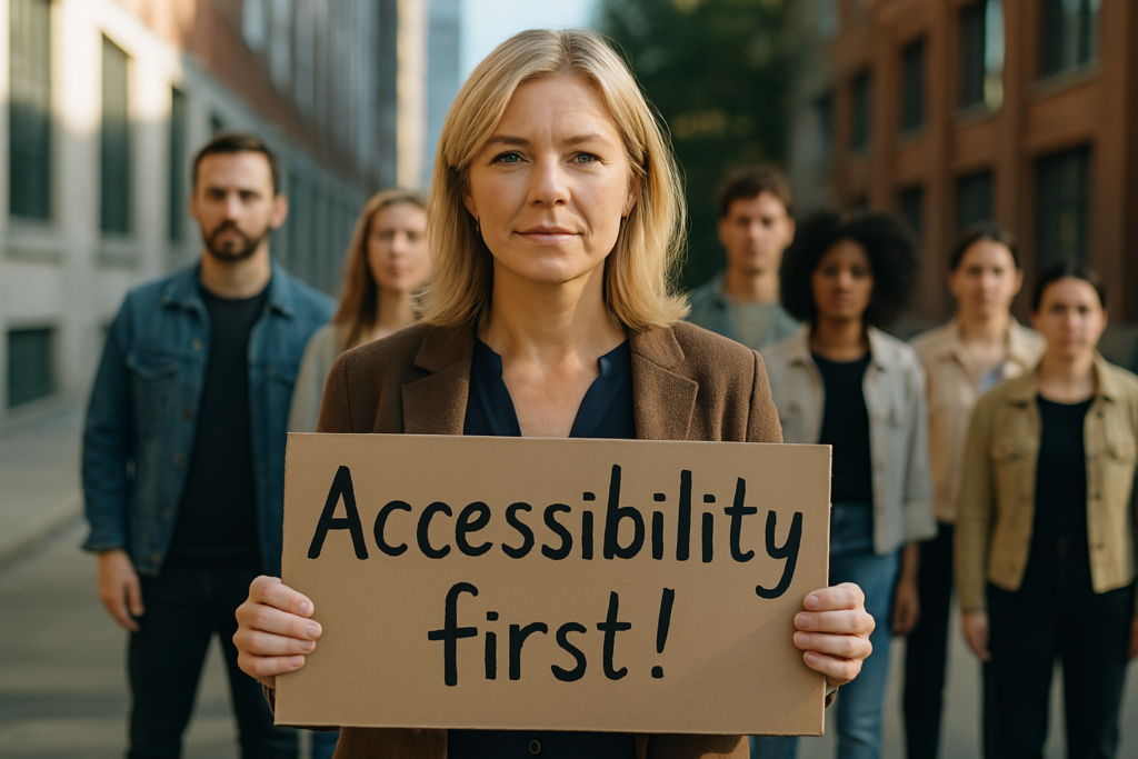 Eine Frau mittleren Alters mit blonden Haaren steht mit einem Plakat vor einer Gruppe Menschen. Auf dem Plakat ist handschriftlich geschrieben: Accessibility first.