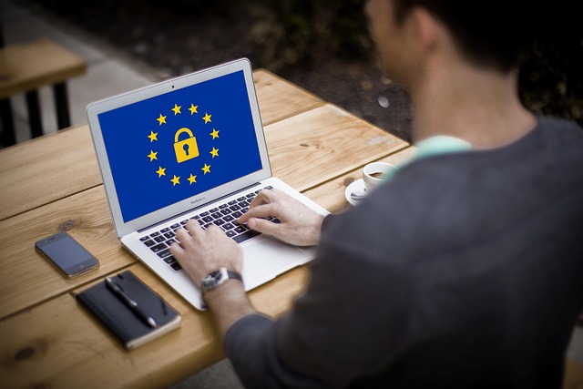 Mann am Laptop mit Händen auf der Tastatur. Auf dem Bildschirm sind die Sterne der Europäischen Union zu sehen